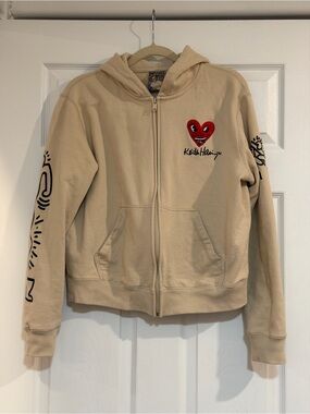 Keith Haring Heart Zip-Up Hoodie in Beige